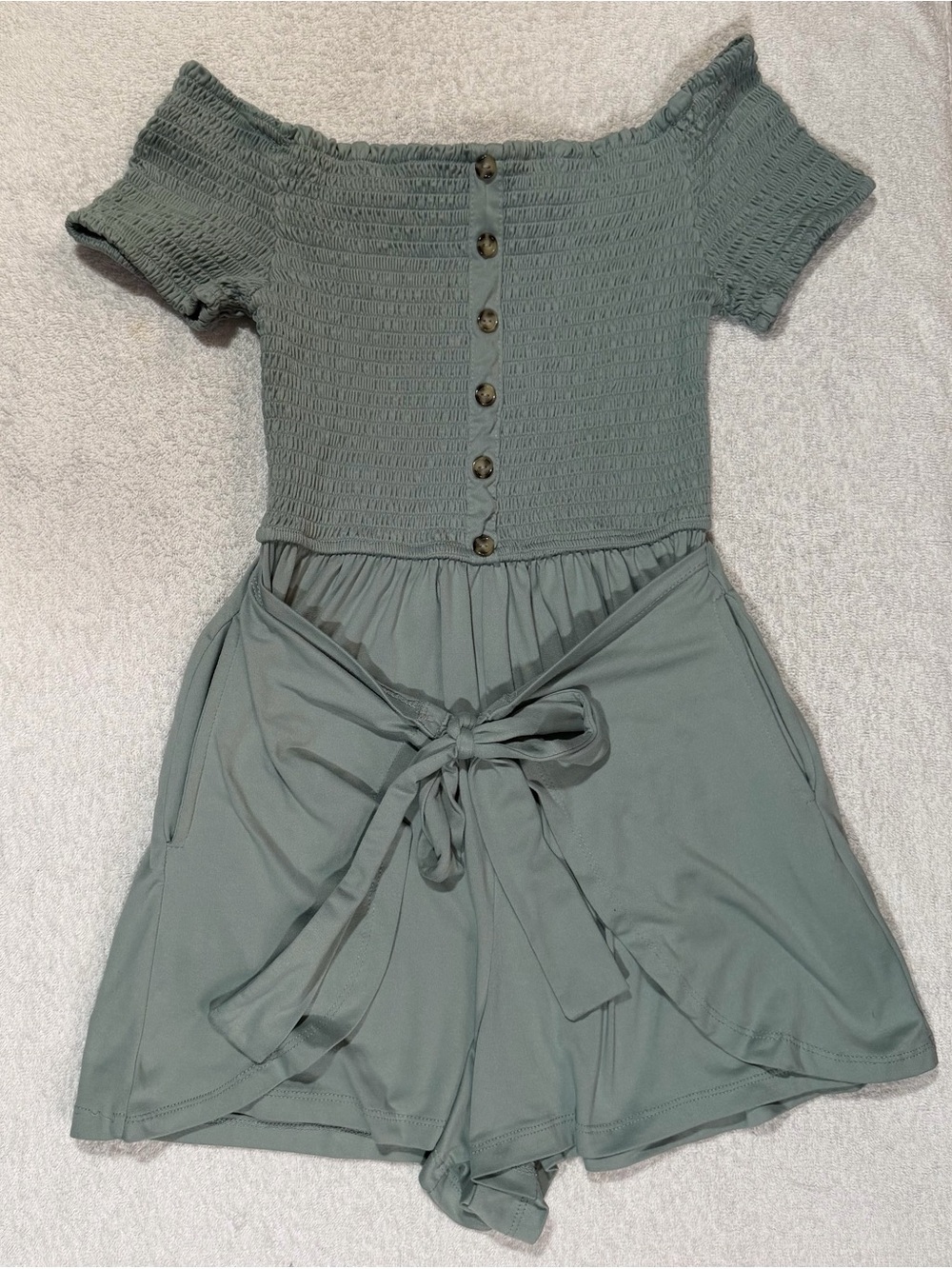 Rue21 Smocked Off-Shoulder Front-Tie Skort Romper Sage Babydoll Boho Summer Cozy